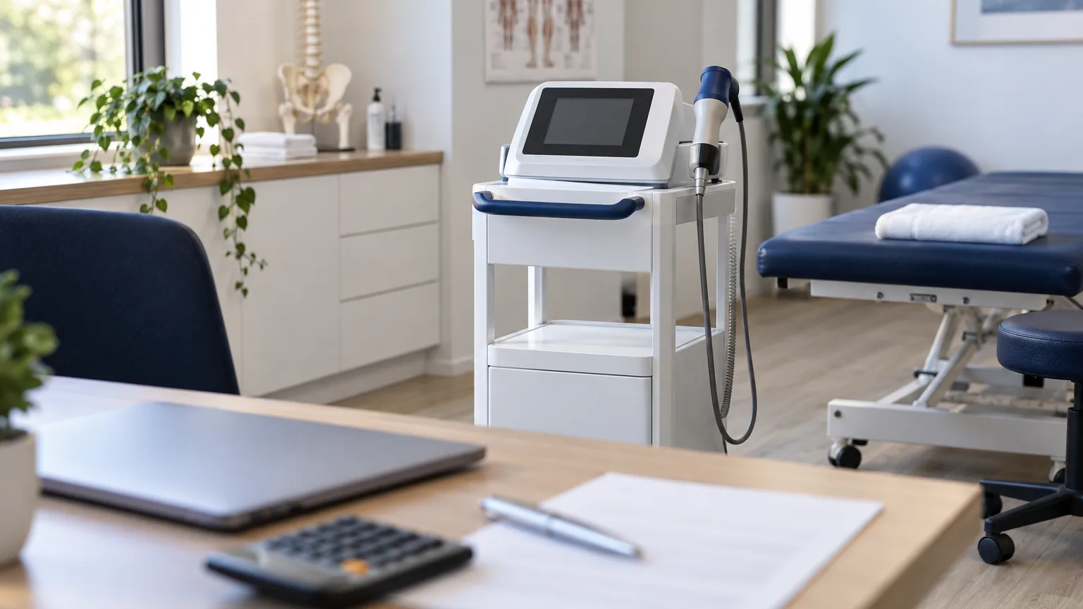 A radial shockwave therapy unit on a cart in a bright clinic treatment room, with a calculator, pen and equipment quote on the desk in front