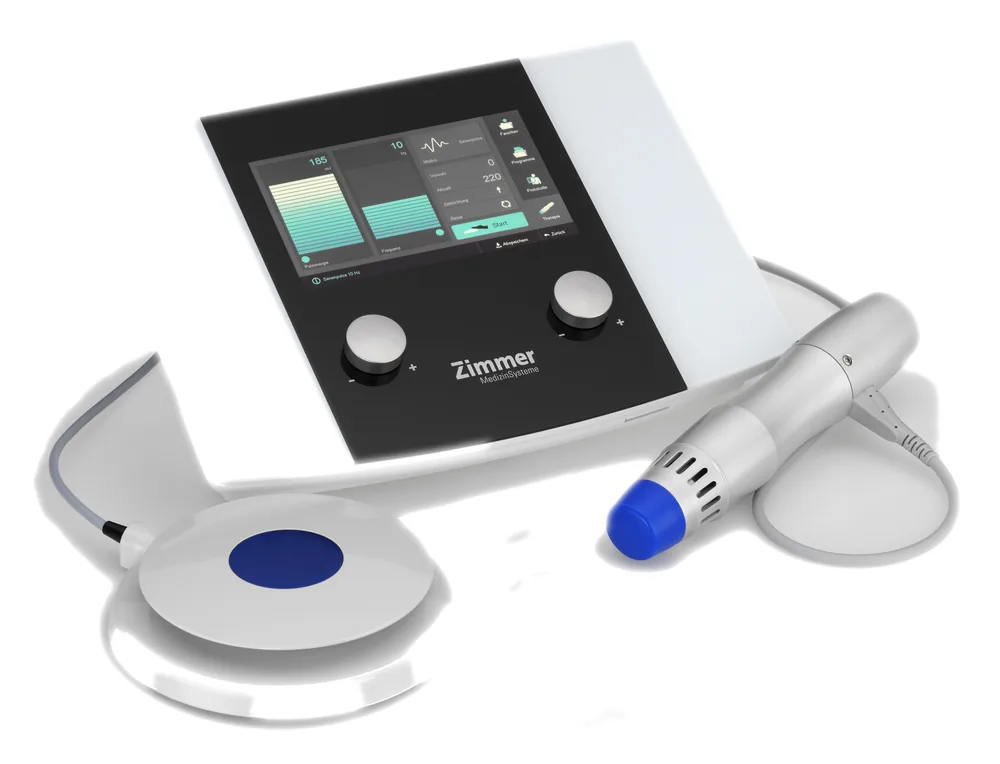 Zimmer enPuls 2.0 console with its radial handpiece and foot switch