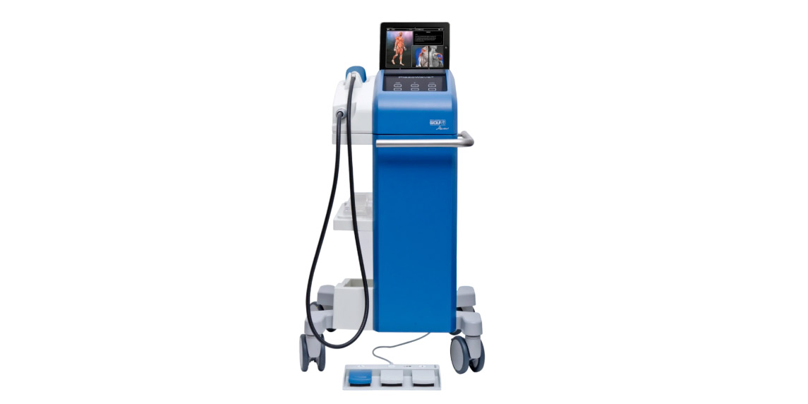 A blue and white shockwave machine designed for clinics, equipped with a digital screen for user-friendly functionality.