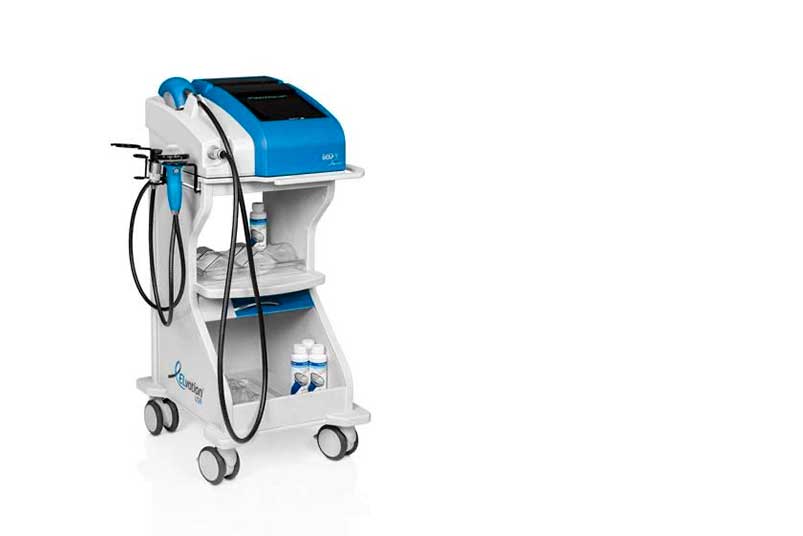 A shockwave therapy machine featuring a blue and white design, ideal for physical therapy clinics.